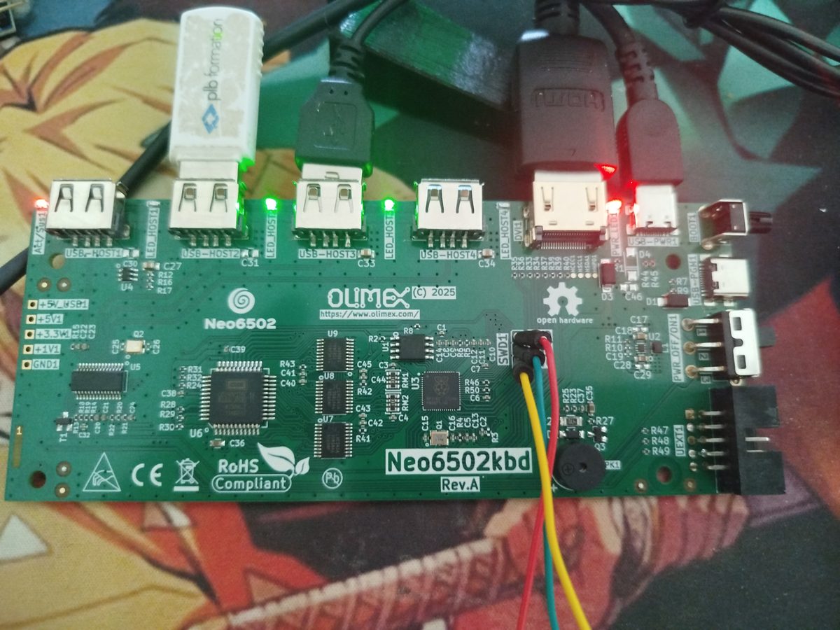 Olimex Neo6502kbd Rev.A board powered on, seen from above, with a USB stick, an HDMI cable and three probe wires on the SWD1 header; numbers mark the parts described in the caption