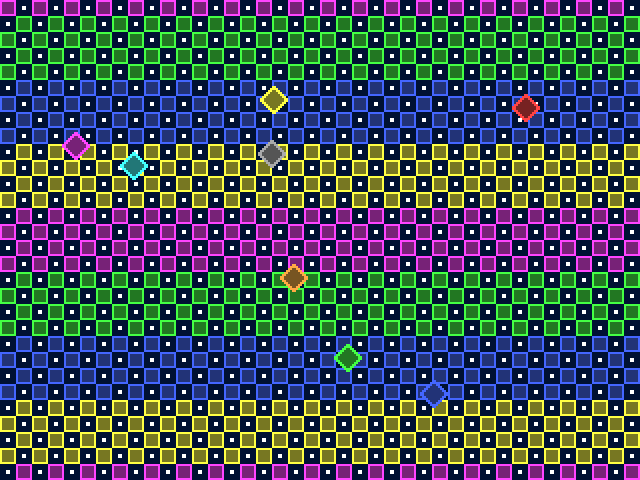 GRAPHE demo: a chequerboard of coloured tiles scrolling diagonally and eight coloured diamonds
