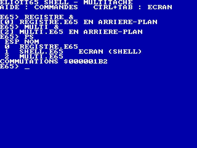 Blue text screen of the Eliott65 shell: the commands REGISTRE & and MULTI & start two background programs, then PS lists three processes